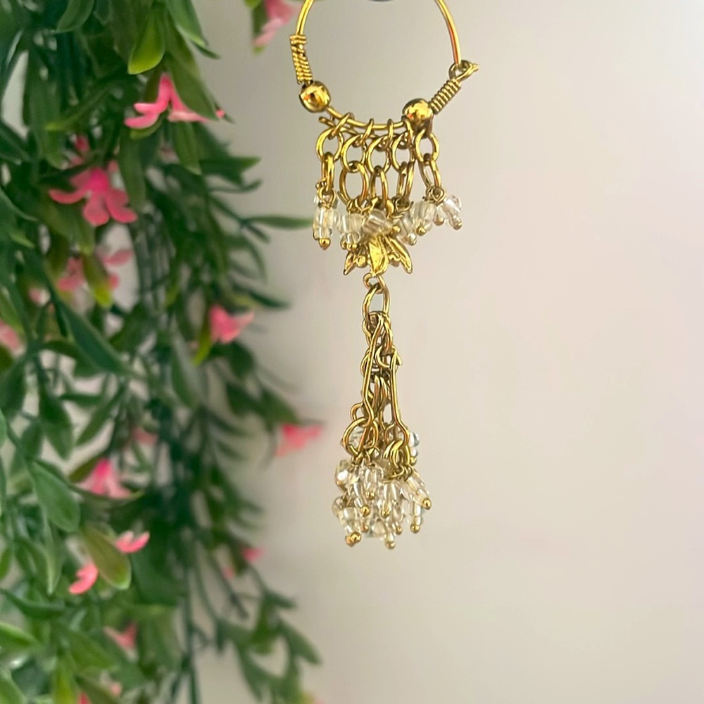 Dangle Earrings - Boho Vintage Gold Toned w/Clear Beads - 3"